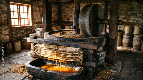 Linseed oil press 16:9, stone grinding wheel on flaxseed, golden oil seeping into collection trough, amber light through window, artisan atmosphere