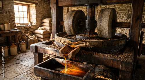 Artisan food production asset, cold press linseed oil facility, rich amber-golden oil, traditional stone equipment, no people, 16:9 format