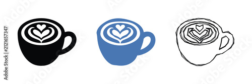 Fotografie Three distinct visual representations of a coffee cup featuring latte art, showc