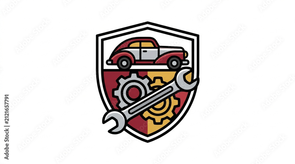 Fototapeta premium Automotive Repair Service Emblem with Vintage Car and Tools.