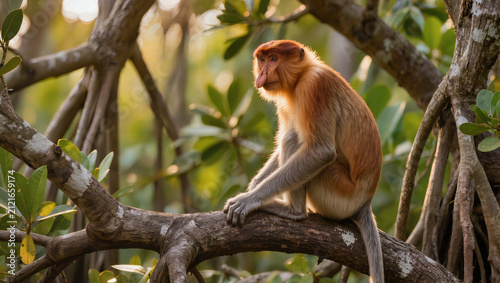 Adult Proboscis Monkey Resting on Mangrove Tree in Natural Habitat