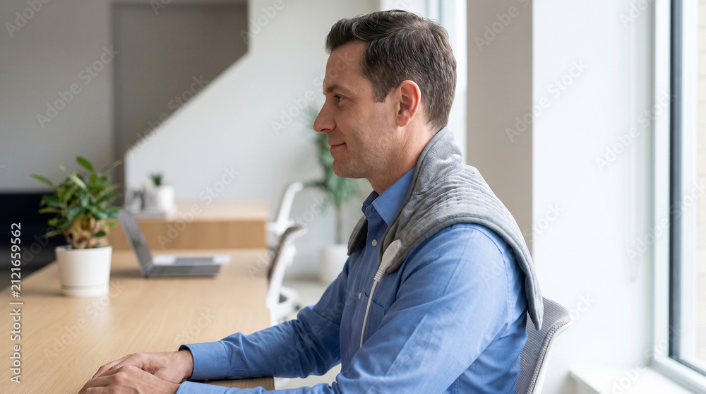 Fototapeta premium Smiling businessman wearing a grey heated neck wrap while working at a desk in a modern office