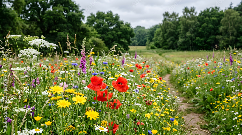 Obraz premium A beautiful meadow filled with vibrant colorful wildflowers and a small dirt path leading into the lush green forest