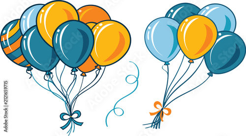 Two clusters of colorful balloons in blue and orange shades with ribbons and bows isolated on a white background, for party decoration