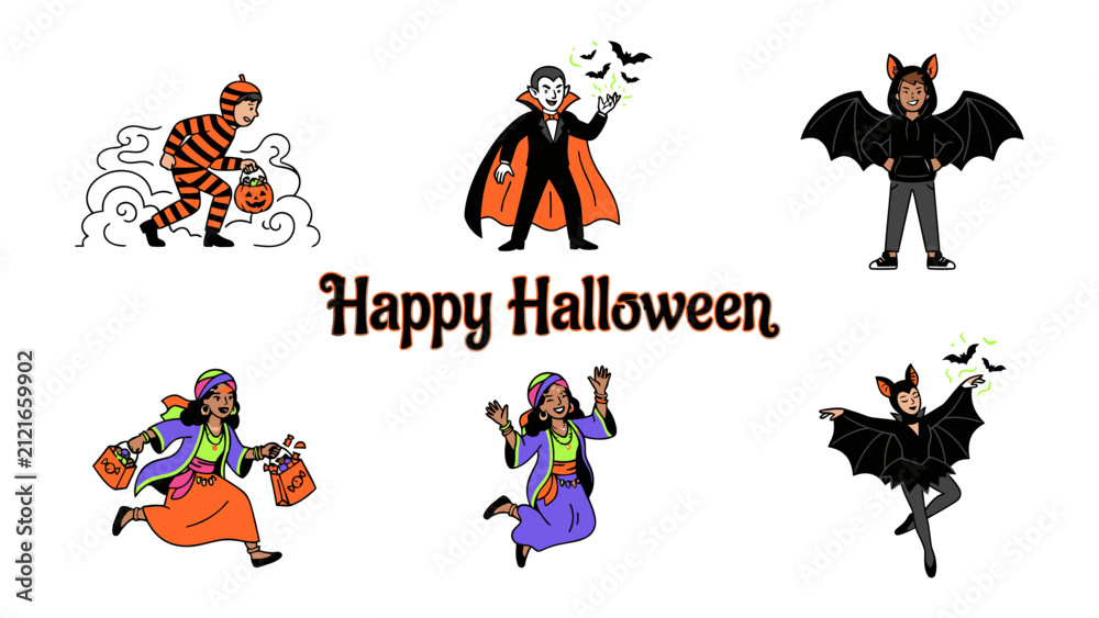Fototapeta premium Happy Halloween Collage: A whimsical collection of Halloween characters including a trick-or-treater, a vampire, a bat-costumed child, and a fortune teller.