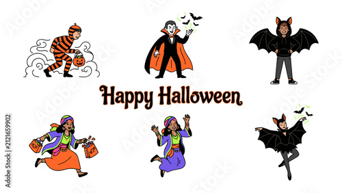 Bild auf Leinwand Happy Halloween Collage: A whimsical collection of Halloween characters including a trick-or-treater, a vampire, a bat-costumed child, and a fortune teller