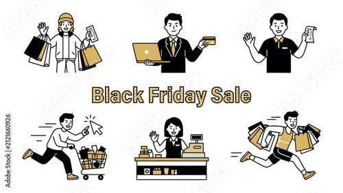 Fotografía Black Friday Frenzy: A dynamic collection of illustrations captures the excitement and urgency of Black Friday shopping, from eager customers with full bags to determined shoppers in pursuit of deals
