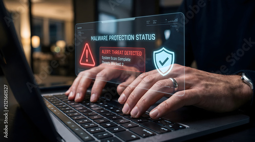 Professional using a laptop with a digital security interface showing active malware threat detection and system protection status
