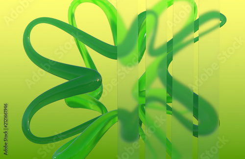 3D Abstract Green Interwined Loop Sculpture Seen Through Fluted and Blurred Glass on a Green Gradient Background