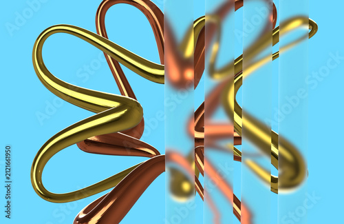 3D Abstract Gold and Copper Wire Sculpture Seen Through Fluted and Blurred Glass on Blue Background
