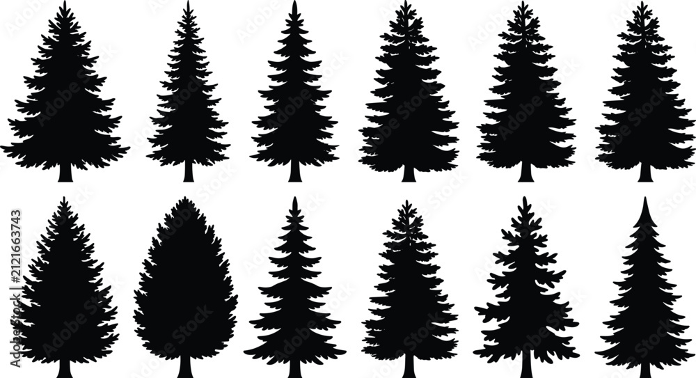 Fototapeta premium Black Evergreen Pine and Fir Tree Silhouette Collection Isolated on White Background