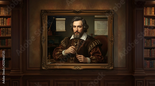 A richly detailed oil painting of a bearded man in historical attire, seated in a library with bookshelves.