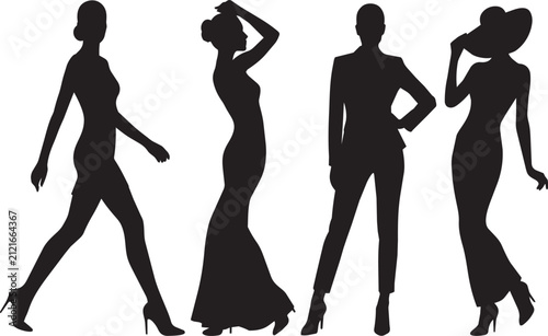 Fashion Models Silhouette Set with Mermaid Gown, Pantsuit, and Hat

Set of four black silhouettes of fashion models wearing a fitted mermaid-style gown, a tailored pantsuit