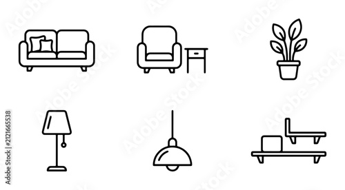 Minimalist Furniture and Home Decor Icons, Vector Set for Interior Design and Lifestyle Concepts