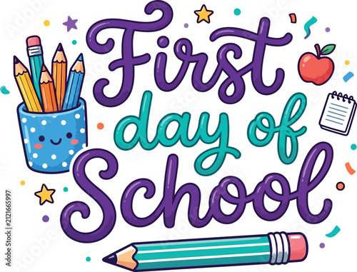 Colorful hand drawn illustration for the first day of school with stationery items for back to school season
