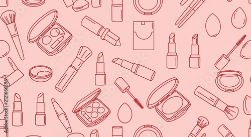 Cosmetic makeup pattern with beauty tools like lipstick brushes mascara and compact powder on soft pink background vector illustration for fashion branding.