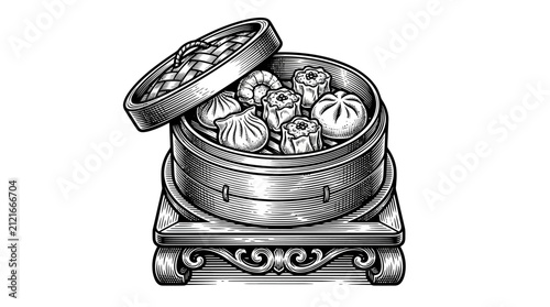 Fotografie Traditional dim sum dumplings in bamboo steamer engraving.