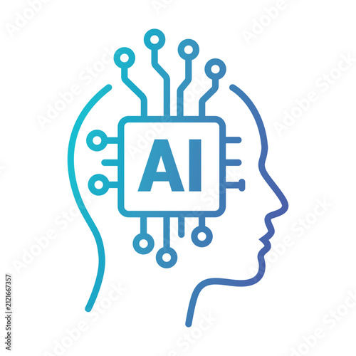 Artificial intelligence brain microchip vector icon featuring a human head profile outline with a square AI processor chip for machine learning concept