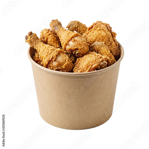 Crispy fried chicken pieces in a brown paper bucket for fast food takeaway