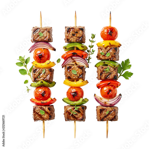 Three grilled meat and vegetable skewers with peppers onions and tomatoes