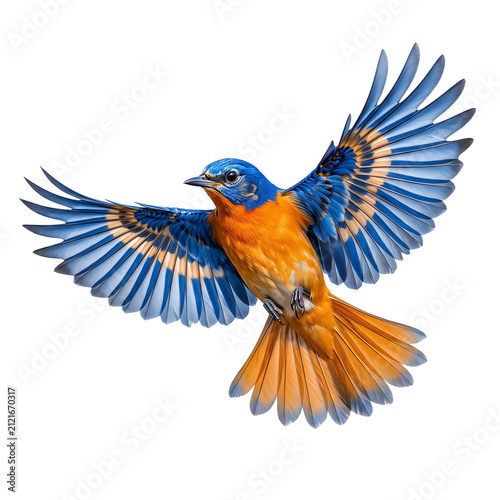 Beautiful blue and orange bird flying with wings spread wide
