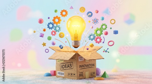 A radiant light bulb bursting from an 'Innovation' box, surrounded by colorful gears, symbolizing a brilliant idea, boundless creativity, and imaginative solutions