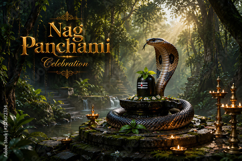 Nag Panchami Traditional Festival Banner Featuring Naag Puja, Shravan Maas, Sawan Somwar, Mahadev Blessings, Hariyali Teej and Hindu Festivities