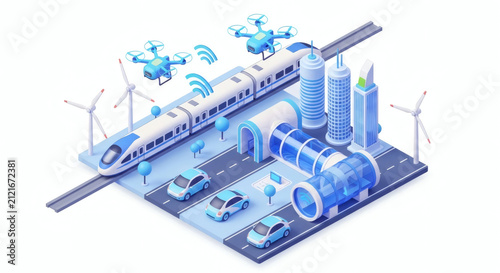 Isometric futuristic smart city transportation with train and drones