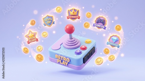 Immerse yourself in a delightful retro gaming experience, unlocking vibrant digital rewards and achievements. This playful 3D concept captures the joy of classic gameplay and success