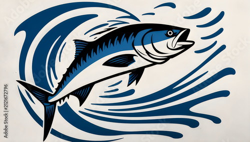 Blue tuna fish jumping out of the water ocean wave illustration