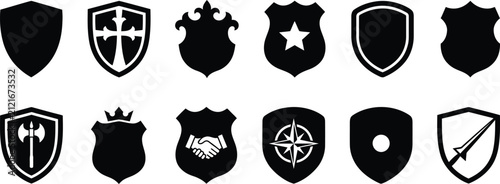 Black Shield Badge Icon Collection Set with Medieval Heraldic Protection Security Defense Emblems Isolated Vector Style