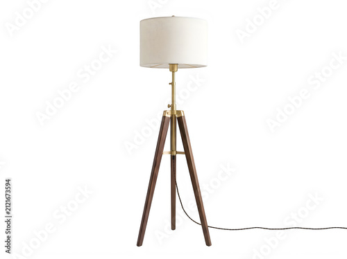 Modern tripod floor lamp with a cream drum shade brass accents and dark wood legs isolated on transparent background for design mockups