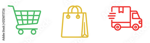 Canvastavla Set of colorful line art icons representing online shopping cart shopping bag an