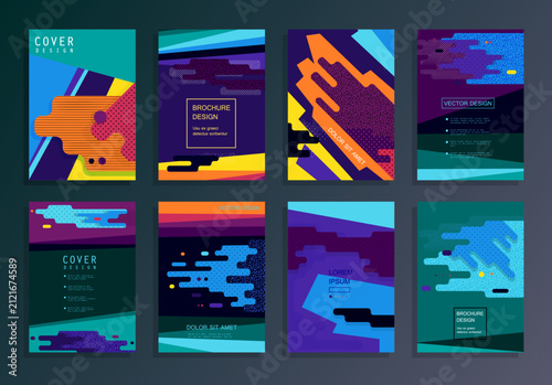 Dark Neon Memphis Style Brochure Cover Templates Collection with Geometric Abstract Design