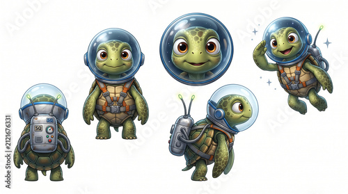 Cute Baby Turtle Astronaut Character Sheet Turnaround in Space Suit