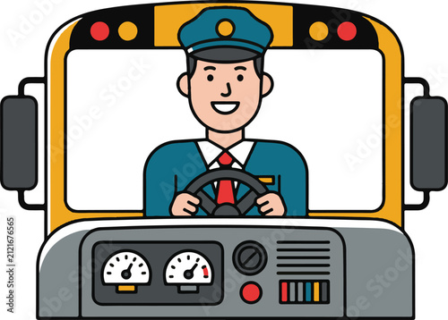 Happy bus driver smiling while operating vehicle dashboard controls