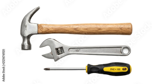 фотографія Assorted manual construction tools including claw hammer adjustable wrench and p