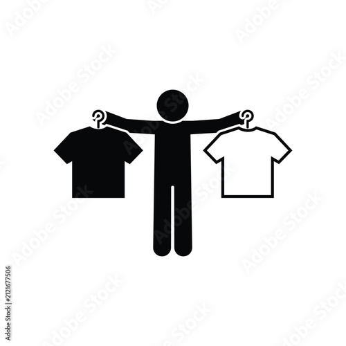 Stickman holding clothes hangers with garments. Black minimalist silhouette on transparent background. Fashion, shopping, fitting room, clothing store concept. Simple flat vector icon for retail.