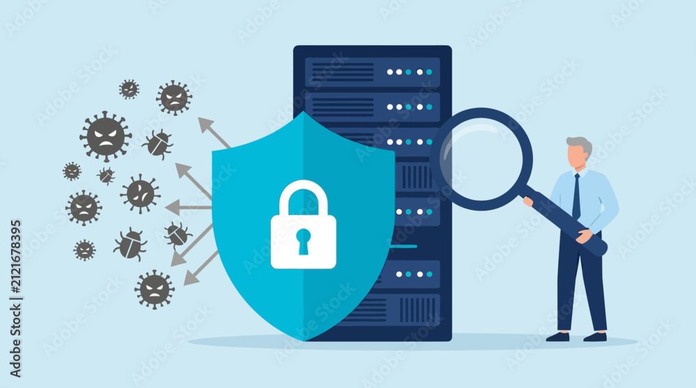 Fotografie Cyber security server protection concept with digital shield, computer viruses,