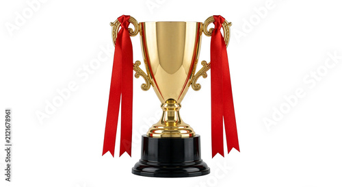 Konstfotografi Shiny Gold Champions Trophy with Red Silk Ribbons