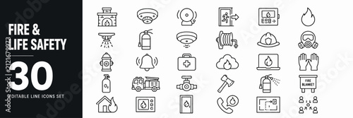 Fire and life safety outline icons collection for emergency protection, firefighter equipment, and alarm system design