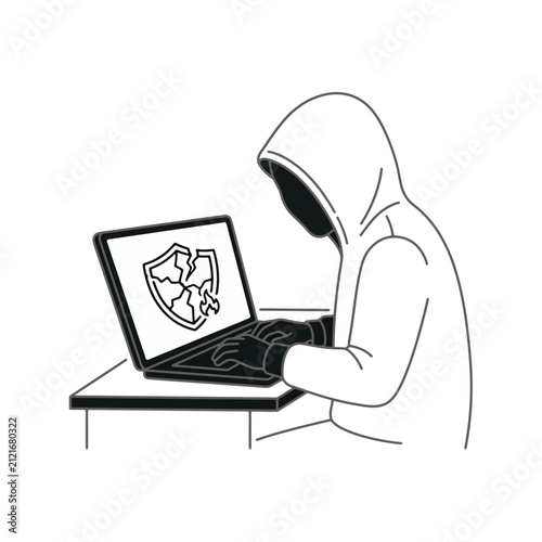 Hacker sitting at a laptop computer attempts to bypass a digital security firewall represented by a shield icon.