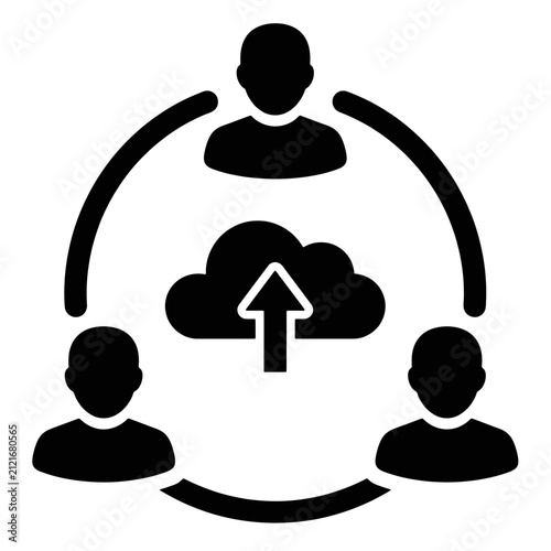People silhouettes encircling a central cloud upload icon signify digital data sharing and network connectivity.