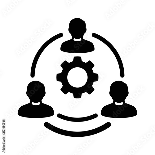 People silhouettes organized in a circular formation surround a central gear icon representing teamwork.