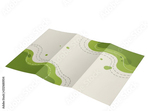 Folded paper map with green landscape illustration