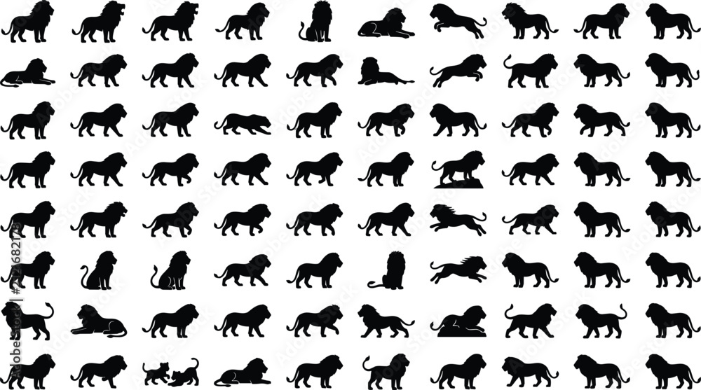 Fototapeta premium Lion Silhouette and Wild Safari Animal Glyph Icon Set with Running, Hunting, Prowling, and Standing Predator Symbols for Logos, Mascot Designs, and Graphics