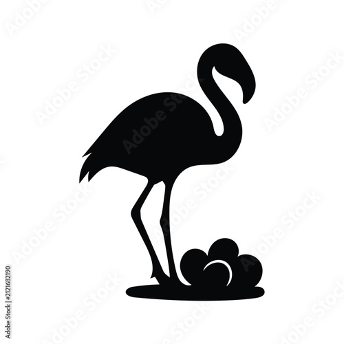 Flamingo Nest with Eggs Silhouette Vector Standing Bird Wildlife Nature Black Clipart Icon.