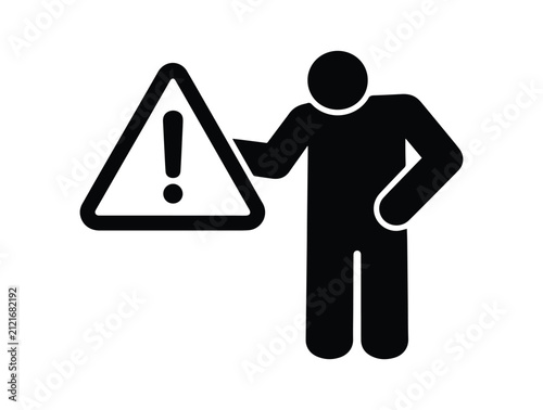 Stickman holding a warning triangle sign with exclamation mark. Black minimalist silhouette on transparent background. Alert, danger, caution concept. Simple flat vector icon for safety and security.