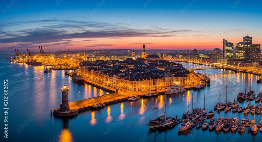 Obraz premium Harbor district glows with warm amber lights against the soft purple hues of a fading sunset over the city.