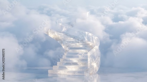 Translucent crystal staircase in clouds. Abstract glass stairs leading to heaven concept.